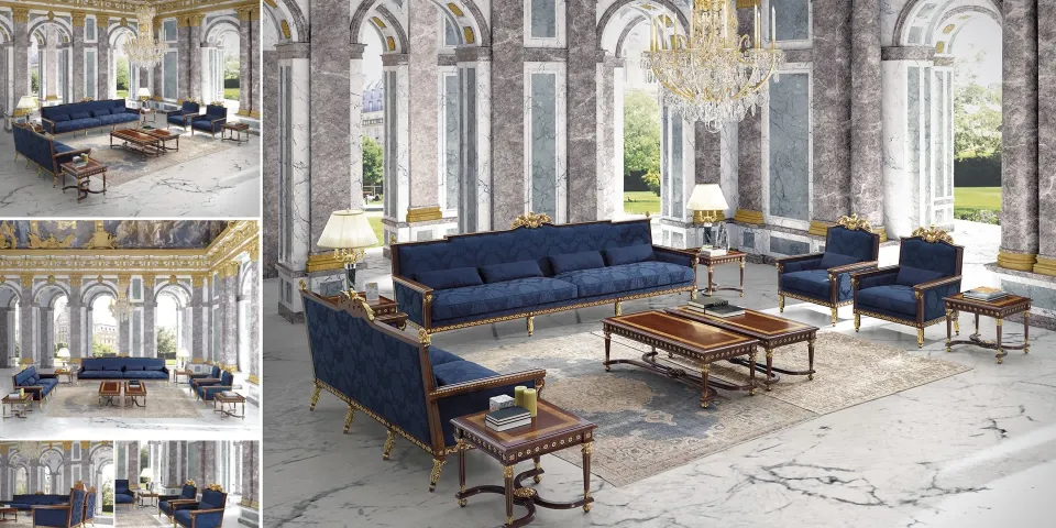 Composite of photos of a classical hall with Koher's blue-and-gold sofa sets