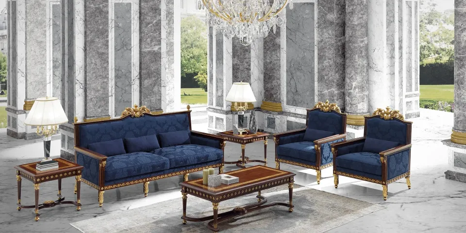 Another view of the classical hall with Koher's blue-and-gold sofa set
