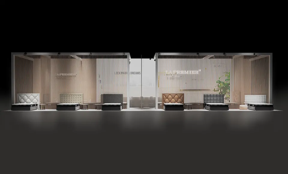 Otra vista del render del stand con colchones y cabeceros expuestos en cabinas de madera simétricas