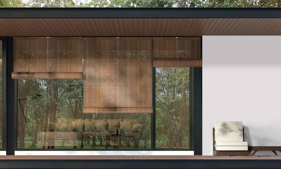 House facade with a wooden slatted blind beside an outdoor sofa