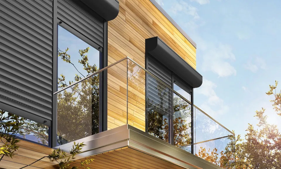 Detail of a modern facade with wood cladding and a dark slatted blind