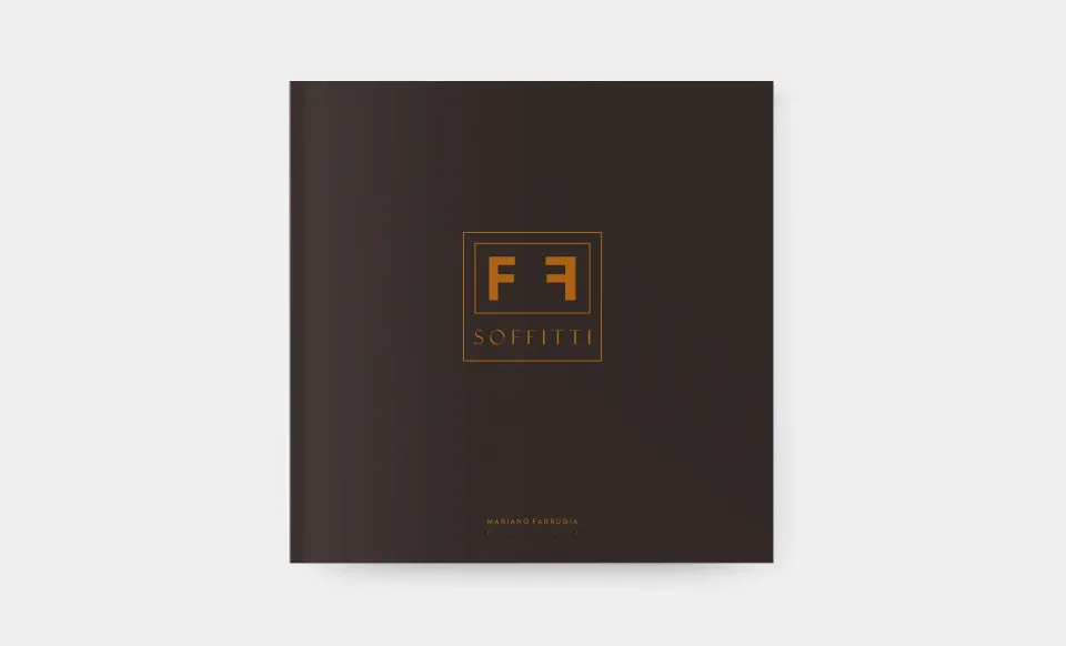 Cover of the 'FF Soffitte' catalogue in dark brown with the logo in orange