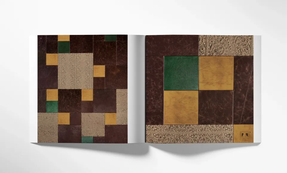 Catalogue spread showing geometric decorative panels in green, gold and brown