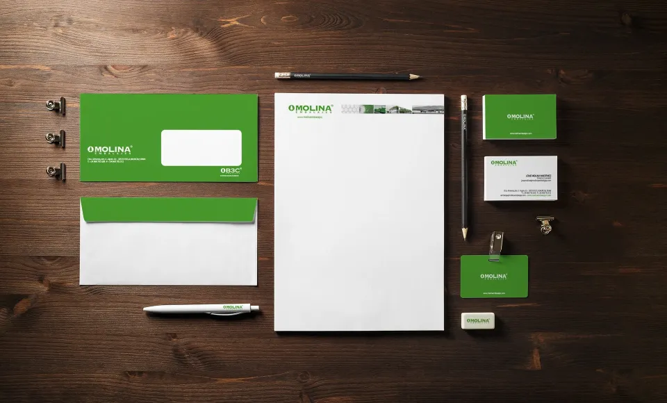 Papelería corporativa de Molina Embalajes en verde y blanco: sobre, carta y tarjetas