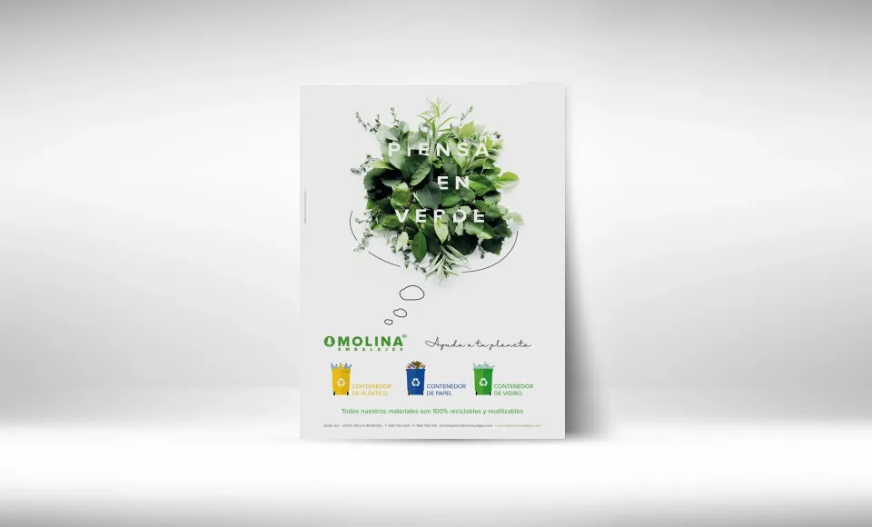 Cartel «Piensa en verde» de Molina con una nube de hojas y envases sostenibles