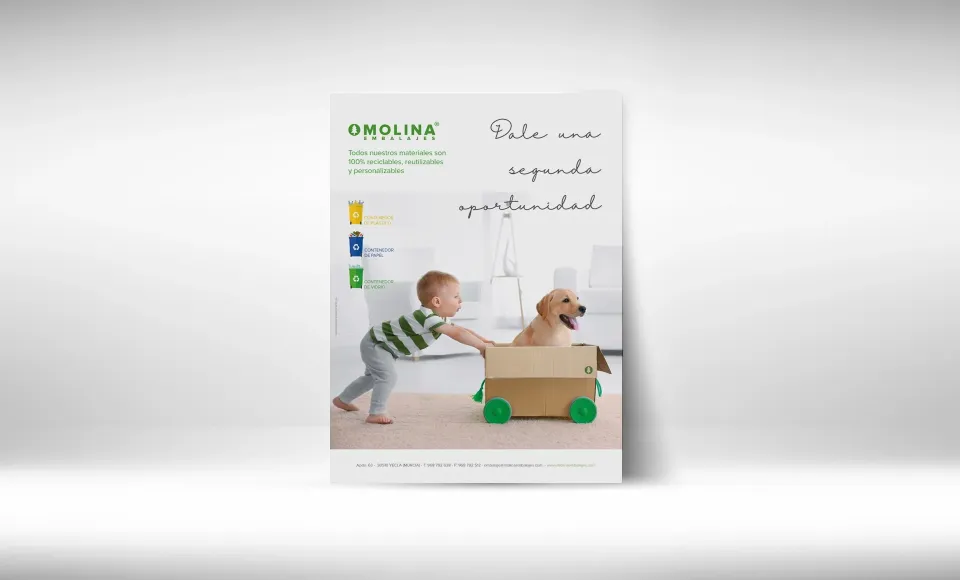 Cartel de Molina con un niño empujando a un perro dentro de una caja de cartón