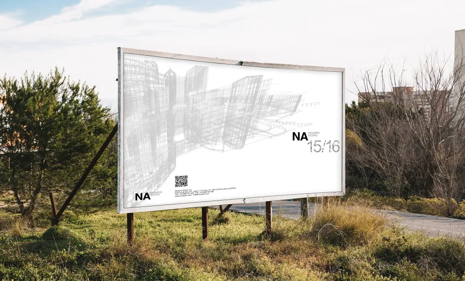 Navarro Azorín billboard in a field with an architectural wireframe drawing