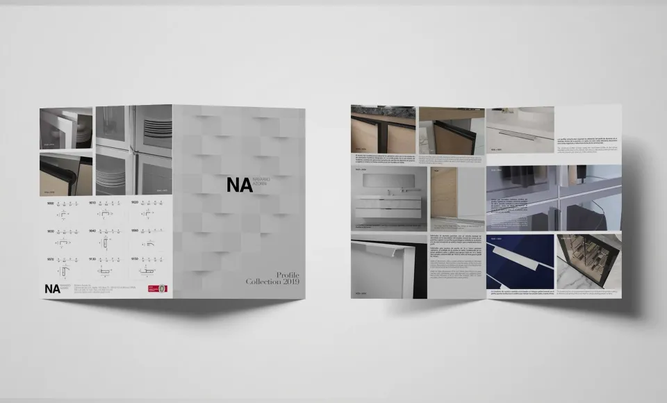 Navarro Azorín trifold catalogue closed and open showing photos of furniture handles