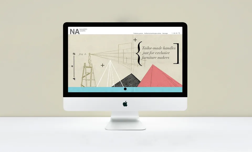Página web de Navarro Azorín en un iMac con ilustración geométrica y una cita sobre tiradores a medida