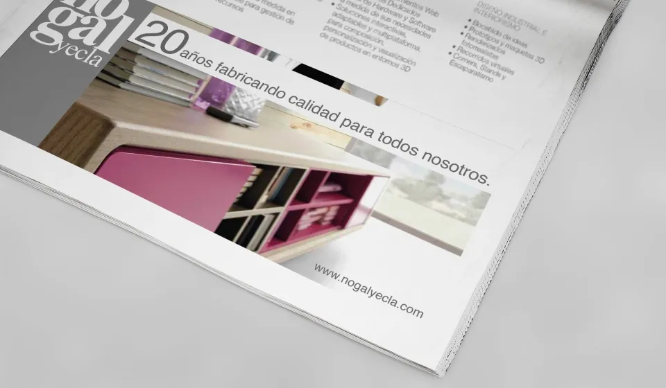 Anuncio de Nogal Yecla en una revista con un mueble auxiliar en tono morado