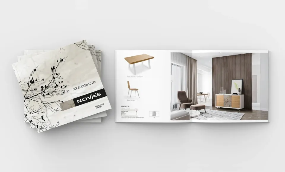 Novas Izuru Collection catalogue closed and open showing a table and a bedroom