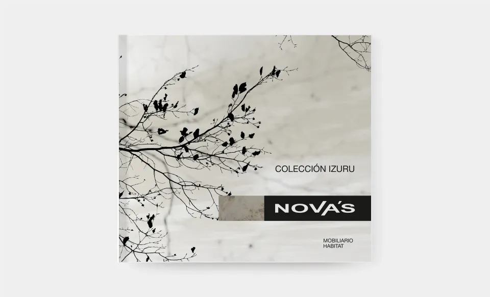 Cover of the Novas Izuru Collection catalogue with a silhouette of a branch and birds
