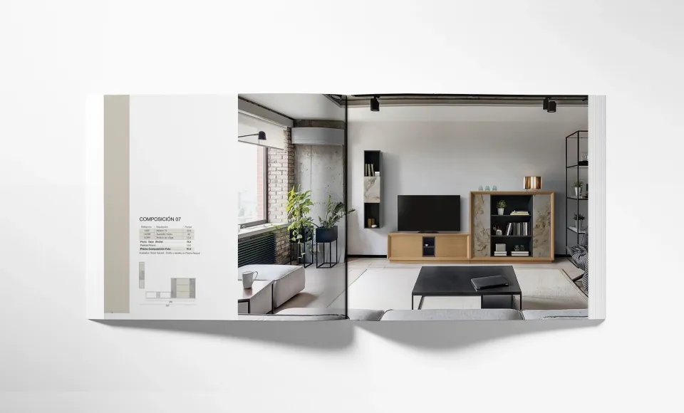 Double page of the Novas catalogue with an industrial-style living room and TV unit
