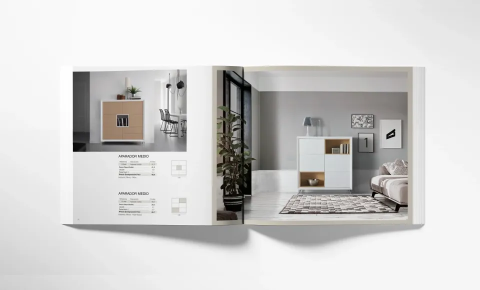 Double page of the Novas catalogue with a side unit and a living room with a green armchair