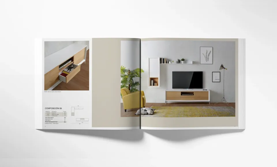 Double page of the Novas catalogue with a living room, a yellow armchair and a dog