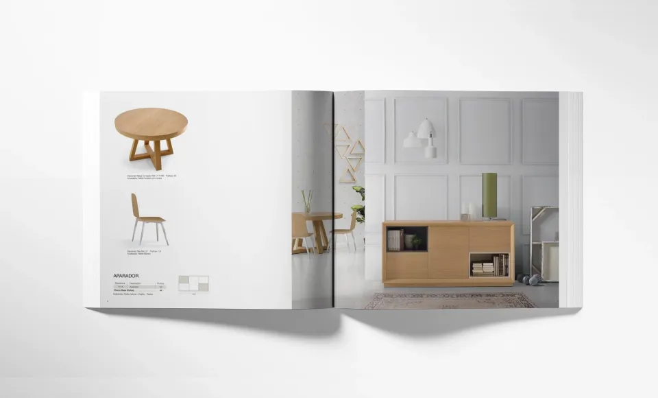 Double page of the Novas catalogue with a round table and a dining room with a sideboard