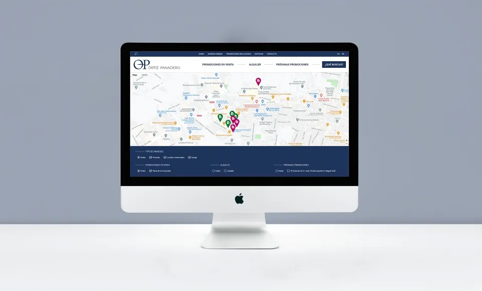 Map of properties on the Ortiz Panadero website with location markers