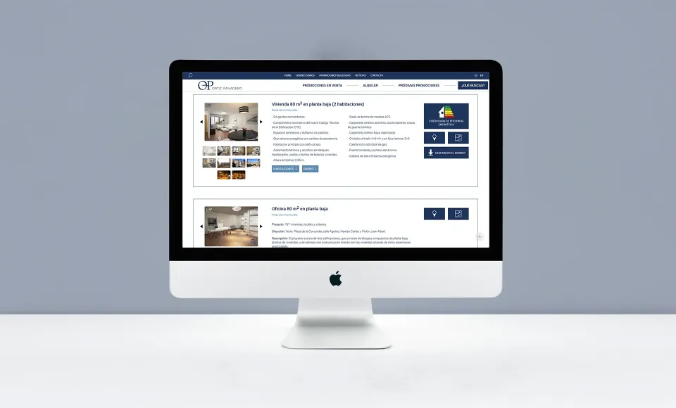 Listing of properties for sale and rent on the Ortiz Panadero website
