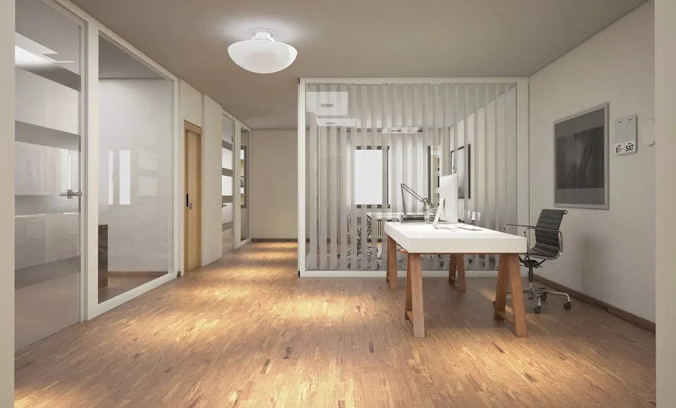 Render 3D de un despacho con mesa de madera y mamparas de cristal