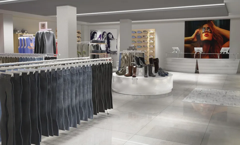 Render 3D de una tienda de ropa con expositor de vaqueros y botas