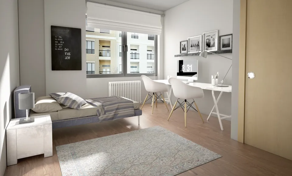 Render 3D de un dormitorio con cama individual y zona de escritorio junto a la ventana