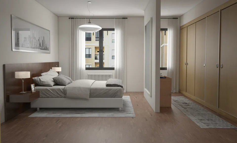 Render 3D de un dormitorio con cama de matrimonio y armario junto a la ventana