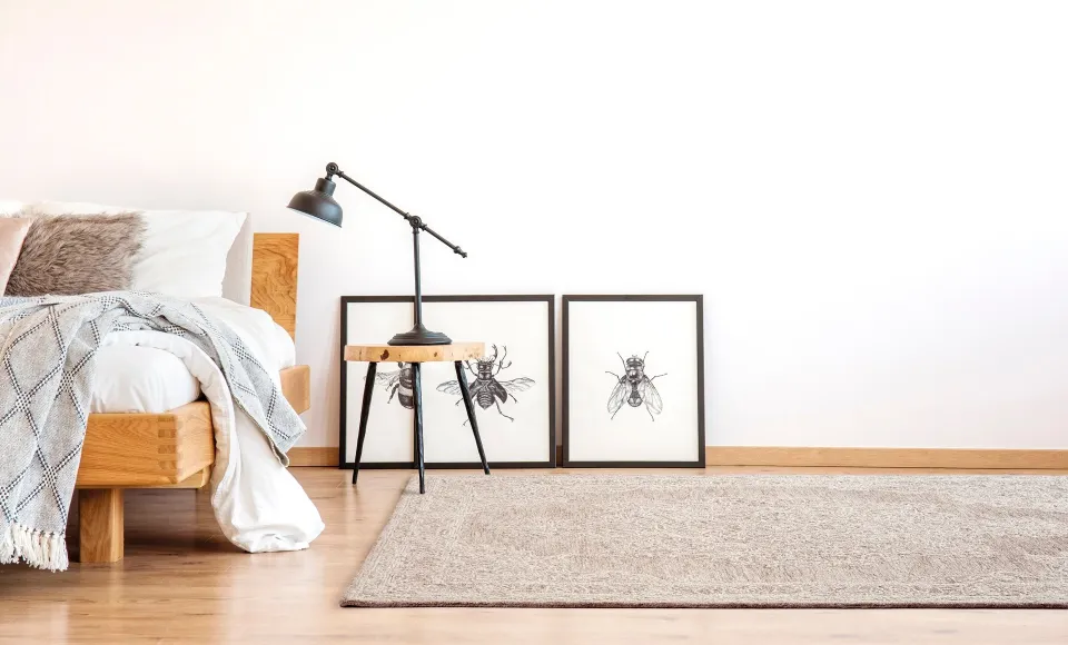 Rincón de dormitorio con cama de madera, láminas de insectos y alfombra beige