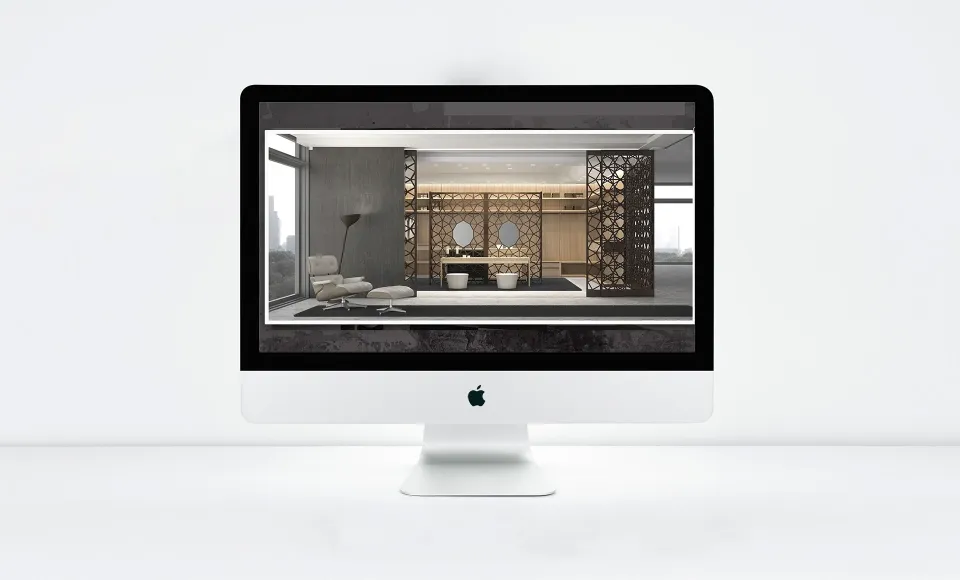Interior con mampara decorativa de madera en la web de PM Representaciones
