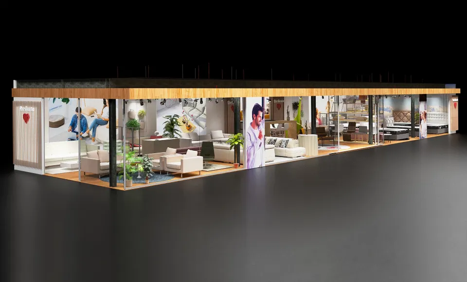 Render 3D del corte de una tienda Qué Barato con varias estancias iluminadas
