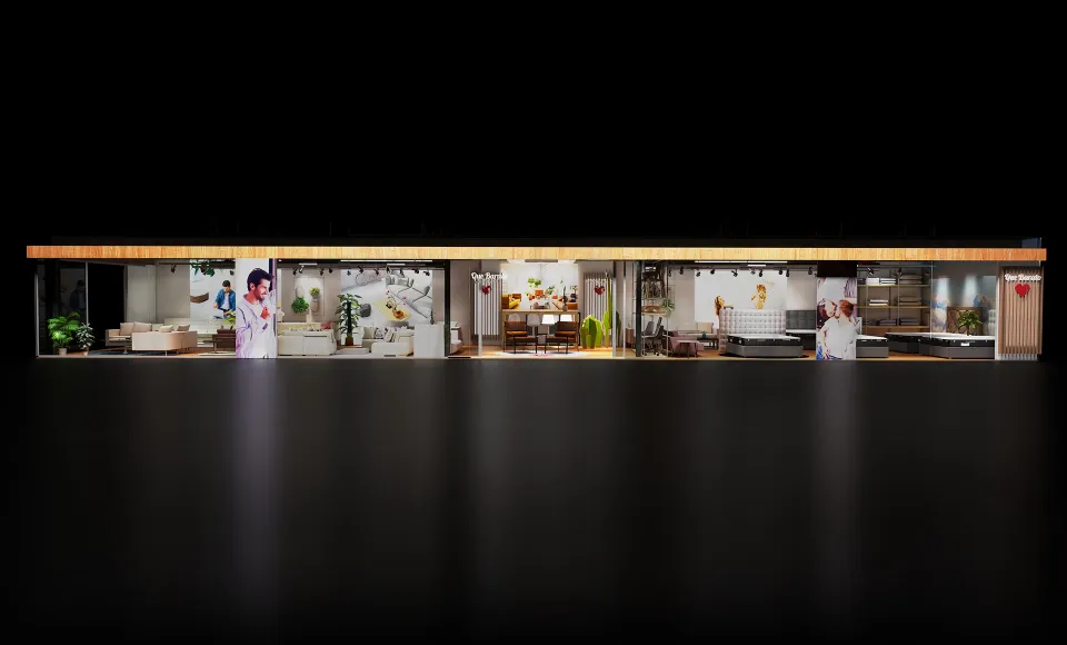 Render 3D del interior seccionado de una tienda Qué Barato con distintos ambientes
