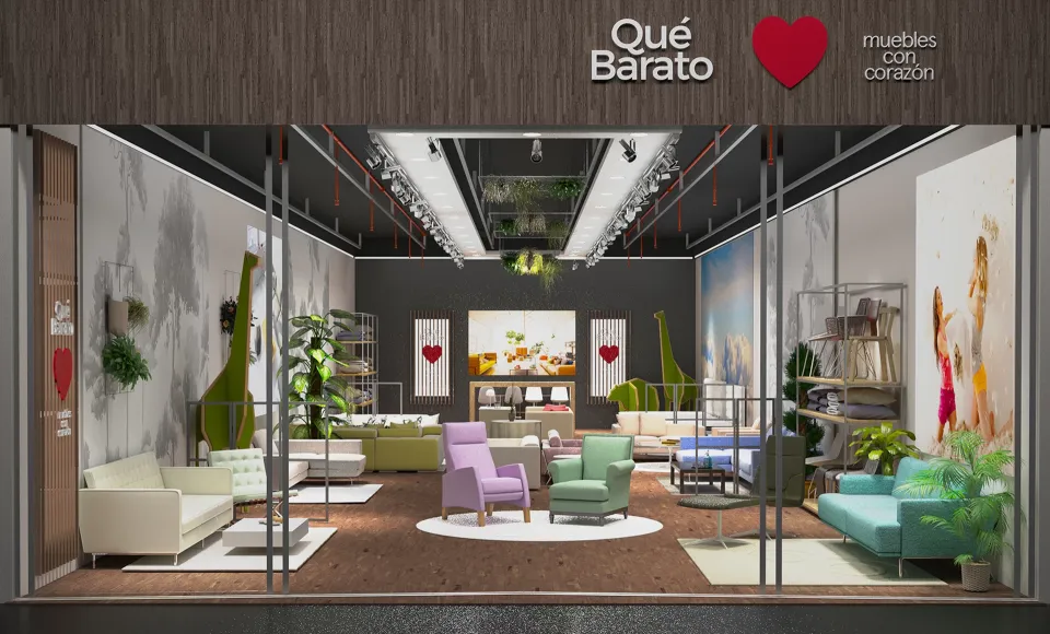 Interior de la tienda Qué Barato con sofás y sillones de colores