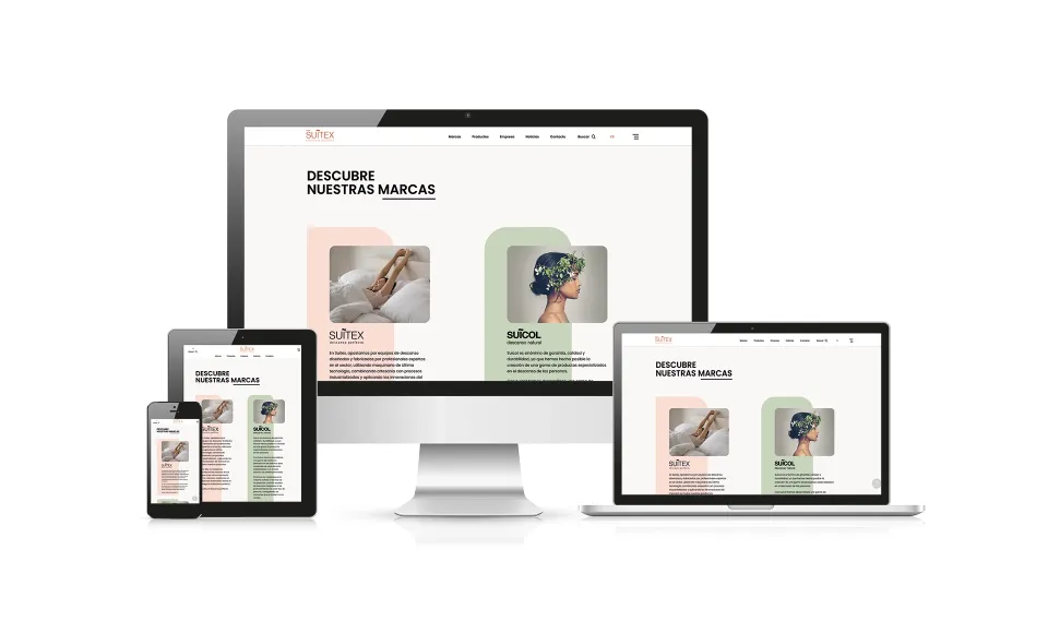 Web de Suitex mostrada en ordenador, tablet y móvil con la sección Descubre nuestras marcas