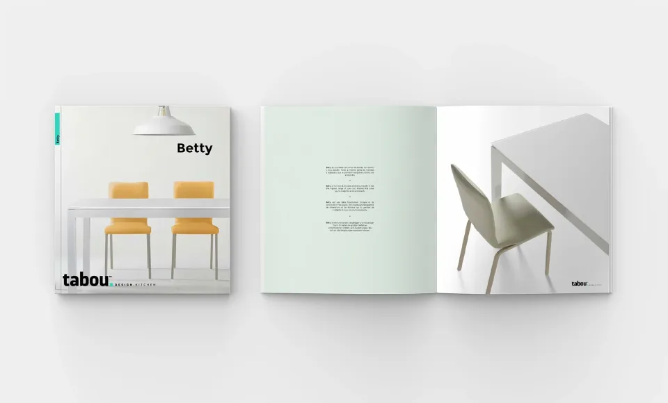 Catálogo Betty de Tabou: portada con mesa y sillas amarillas, y página con detalle de silla