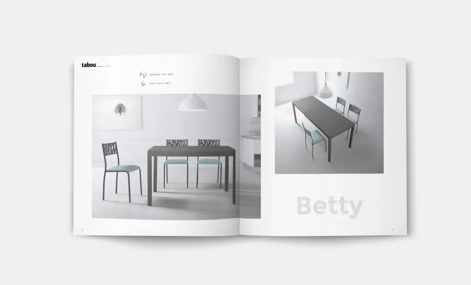 Doble página del catálogo Betty con una mesa y sillas fotografiadas en dos ambientes distintos