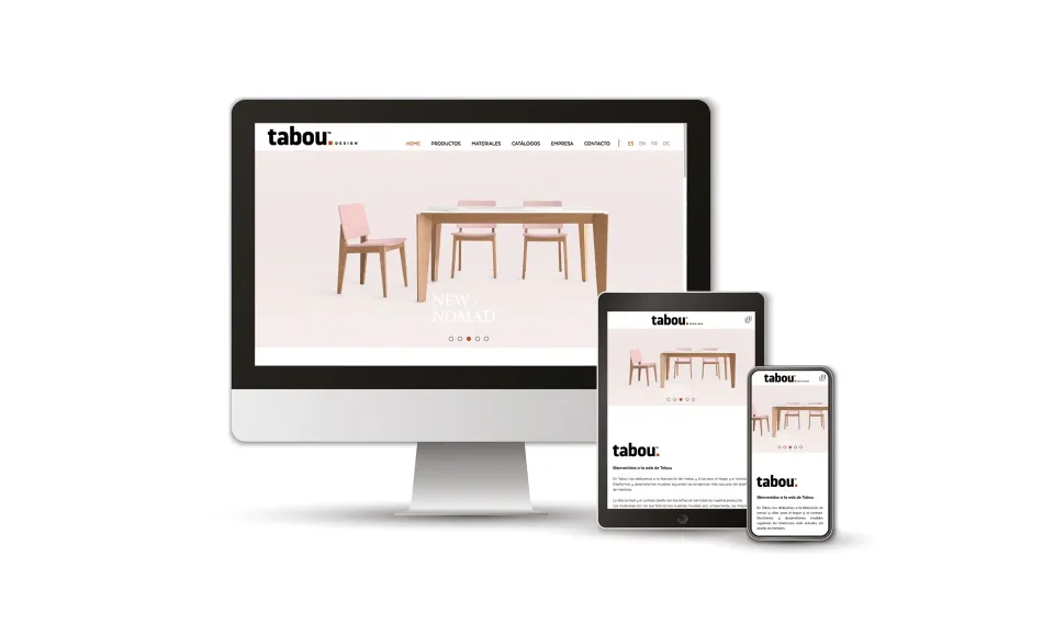 Web de Tabou Design en ordenador, tablet y móvil con una mesa y silla en la portada