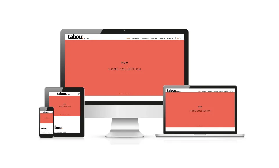 Web de Tabou Design en varios dispositivos con el banner New Home Collection