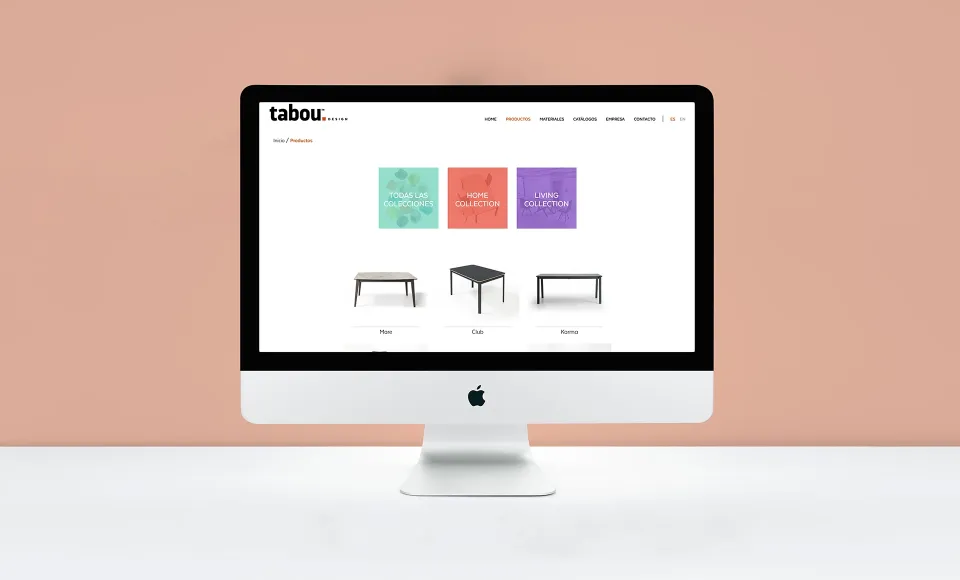 Ordenador con la página de categorías de producto de la nueva web de Tabou Design