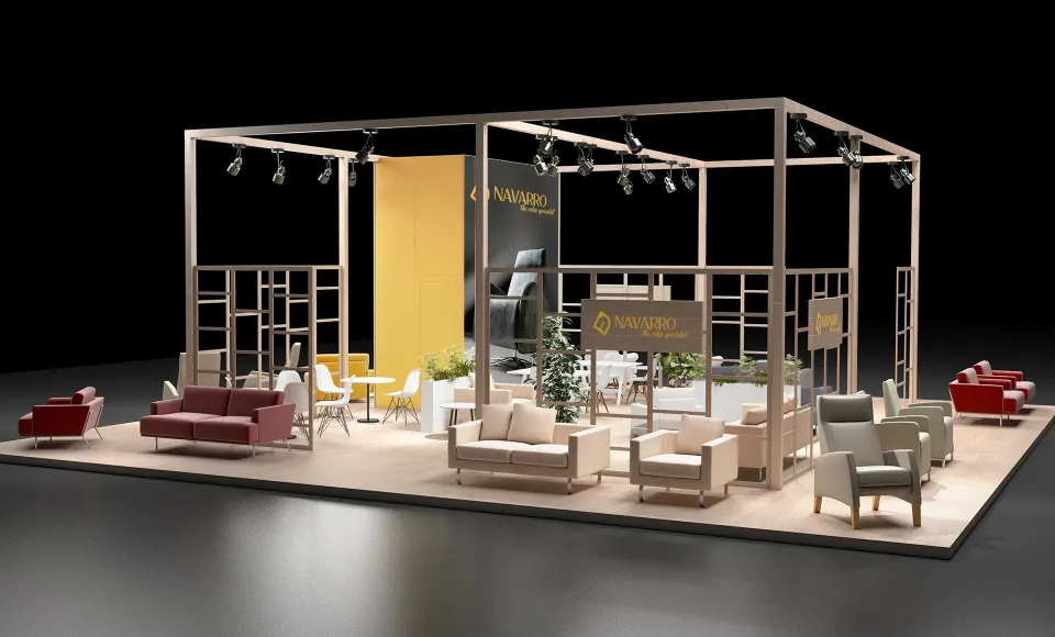 Render 3D del stand de feria de Navarro, con estructura negra y sofás expuestos junto a un panel amarillo