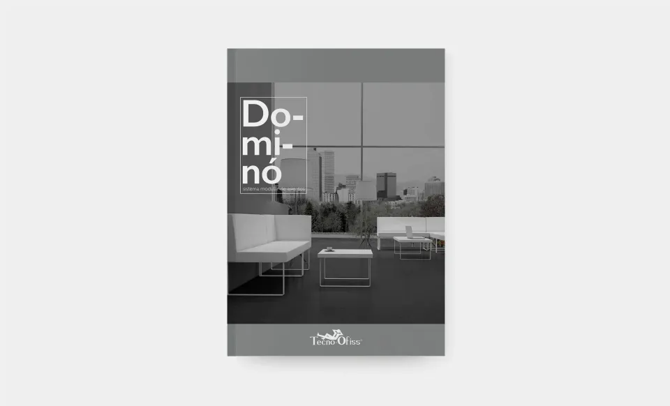 Portada del catálogo Dominó de Tecno Offis con mobiliario de oficina en tonos grises