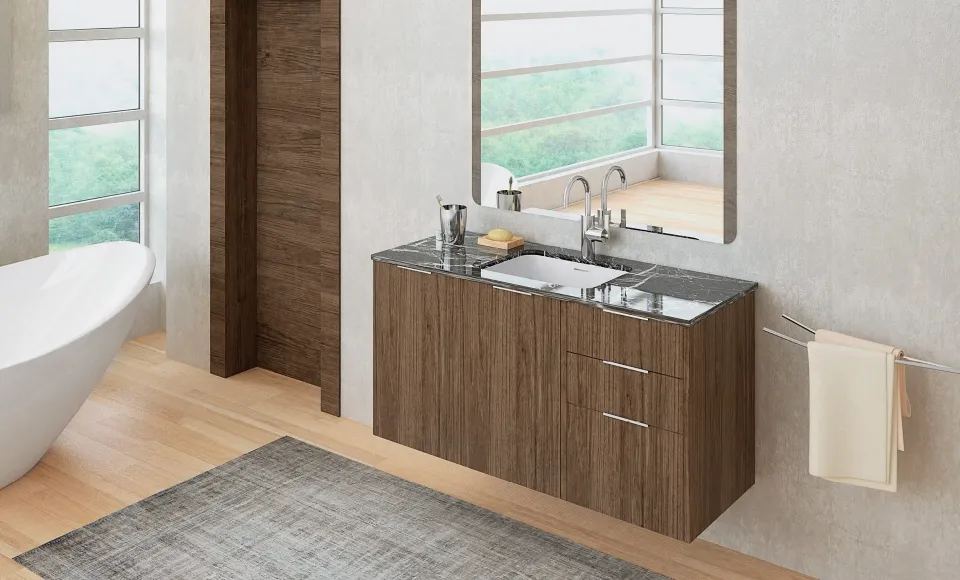 Mueble de baño en madera con dos lavabos integrados y espejo, junto a una bañera exenta blanca