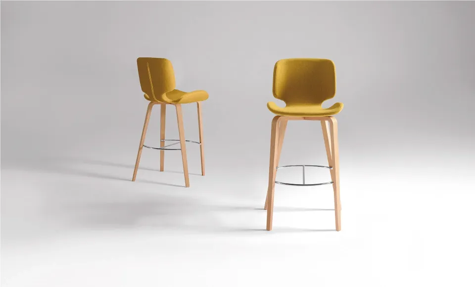Two tall mustard-yellow upholstered bar stools with wooden legs