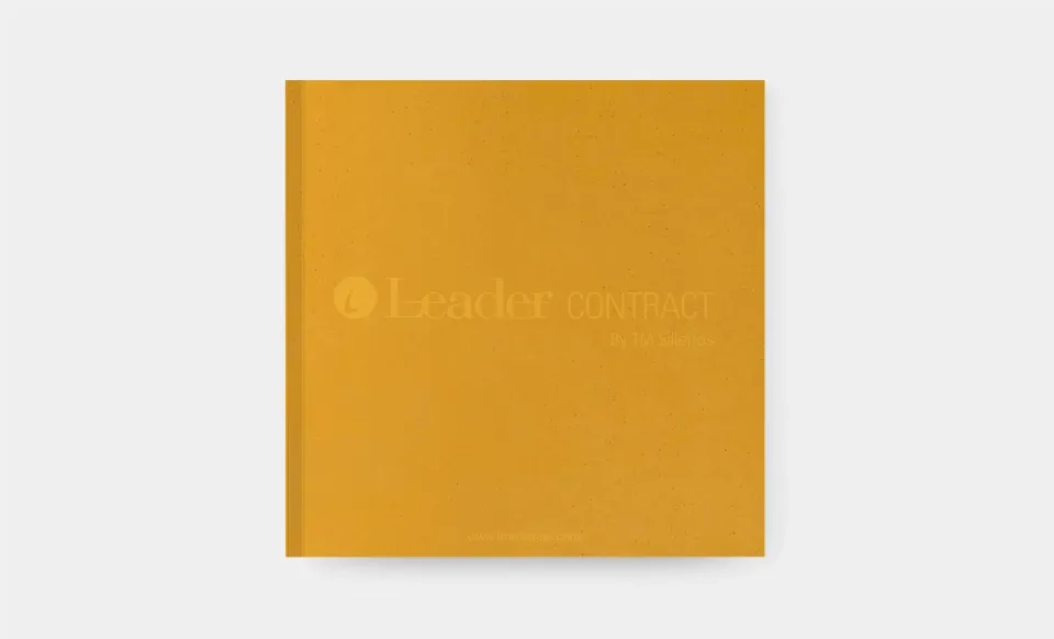 Portada del catálogo de Leader Contract en amarillo mostaza con el título en relieve