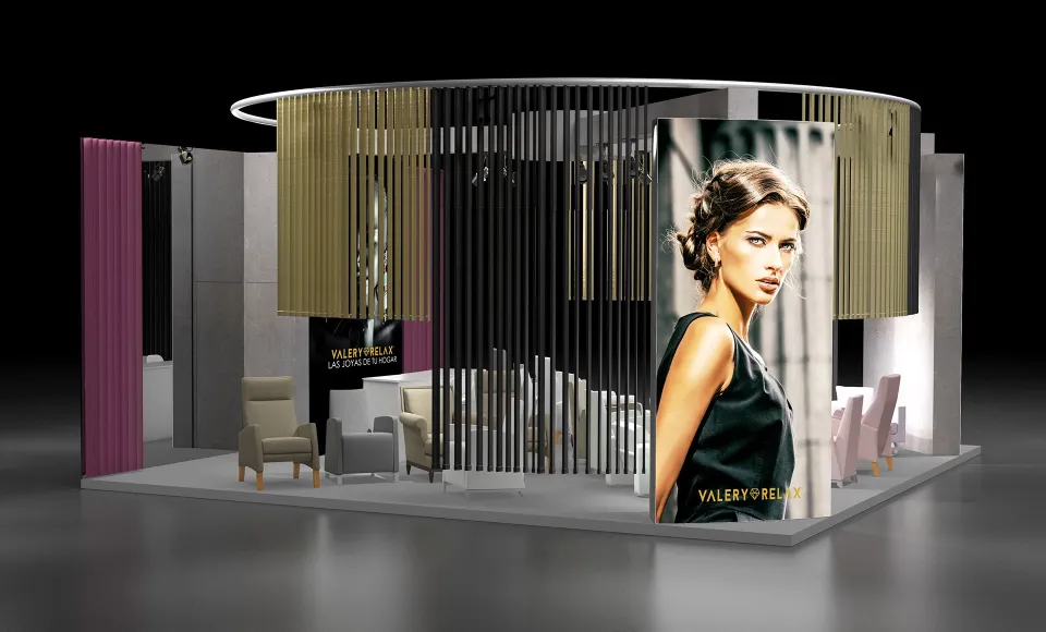 Render 3D de un stand de feria para Valery Relax con paneles fotográficos y lamas doradas curvas