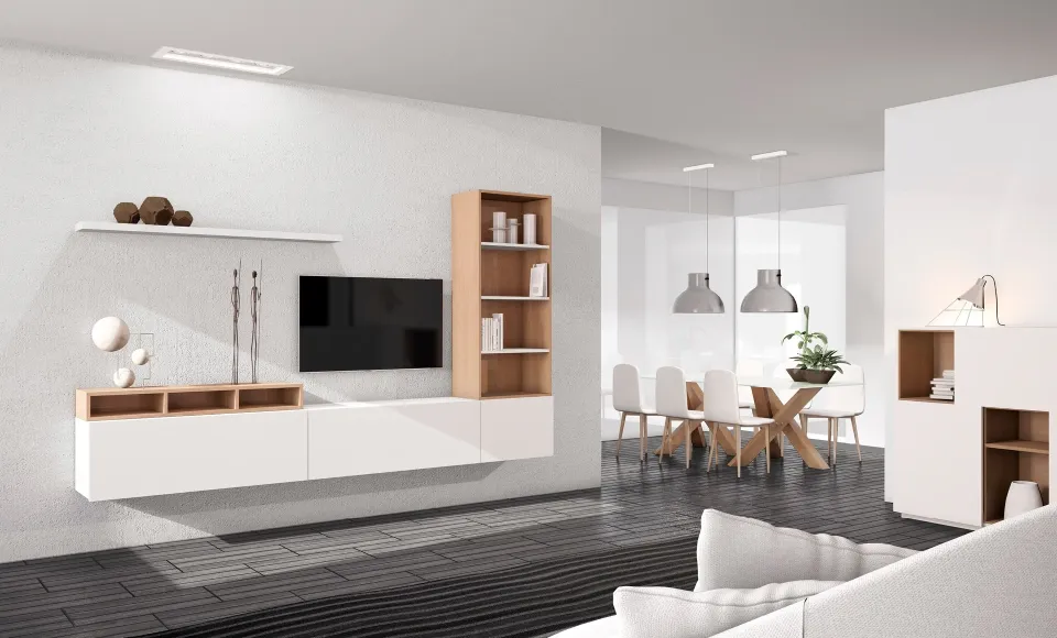 Living room with a white-and-wood TV unit next to a dining area, in a Versatile Home 3D render
