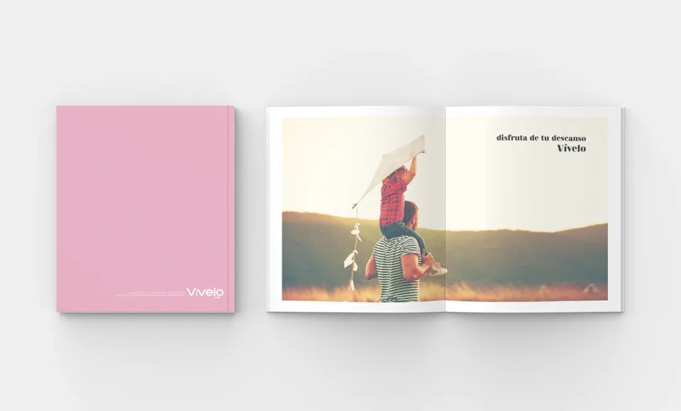 Catálogo de Vívelo con portada rosa junto a uno abierto con una fotografía de alguien con una cometa